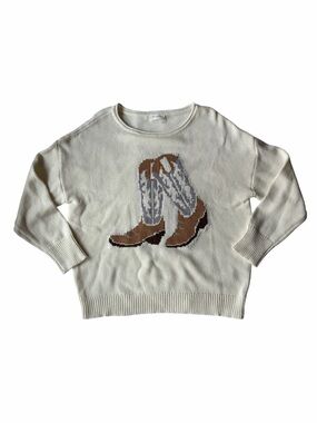 Blu Pepper Western Boot Jacquard Oversized Boat Neck Knit Sweater M